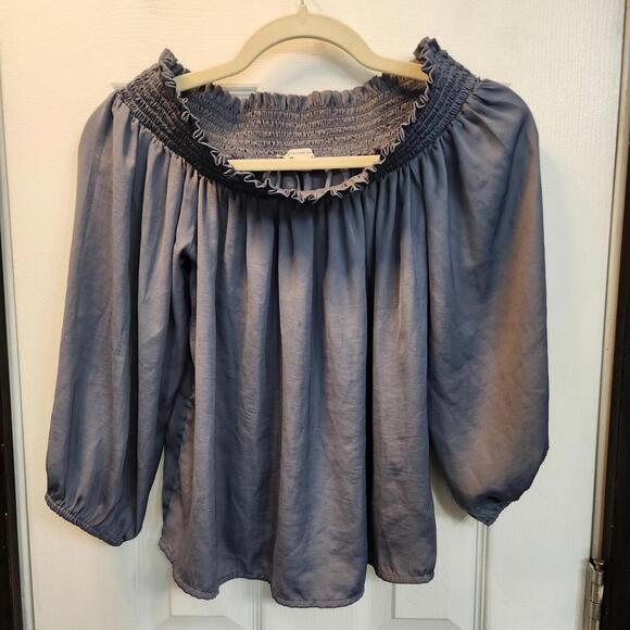 American Eagle Outfitters Tops - American Eagle Smocked Off-The-Shoulder Satin Top - Dusty Blue- Size Small